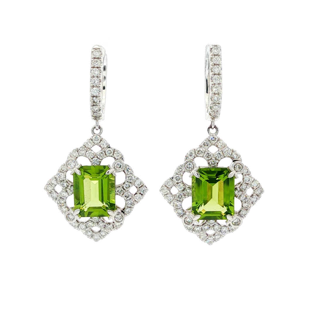 14kt White Gold 7.20 ctw Emerald-Cut Peridot & 0.74 ctw Round Brilliant Diamond Drop Earrings