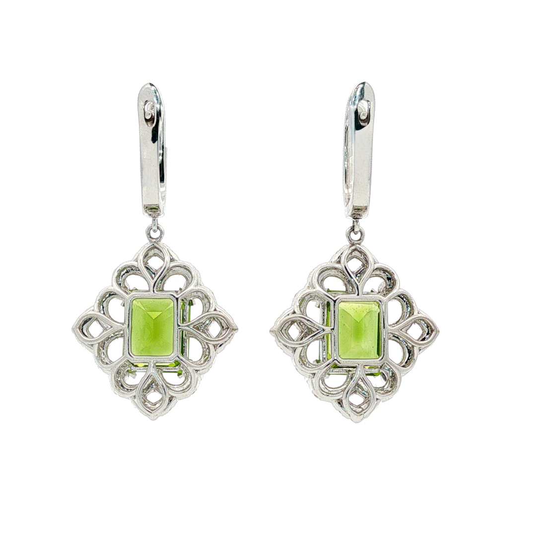 14kt White Gold 7.20 ctw Emerald-Cut Peridot & 0.74 ctw Round Brilliant Diamond Drop Earrings