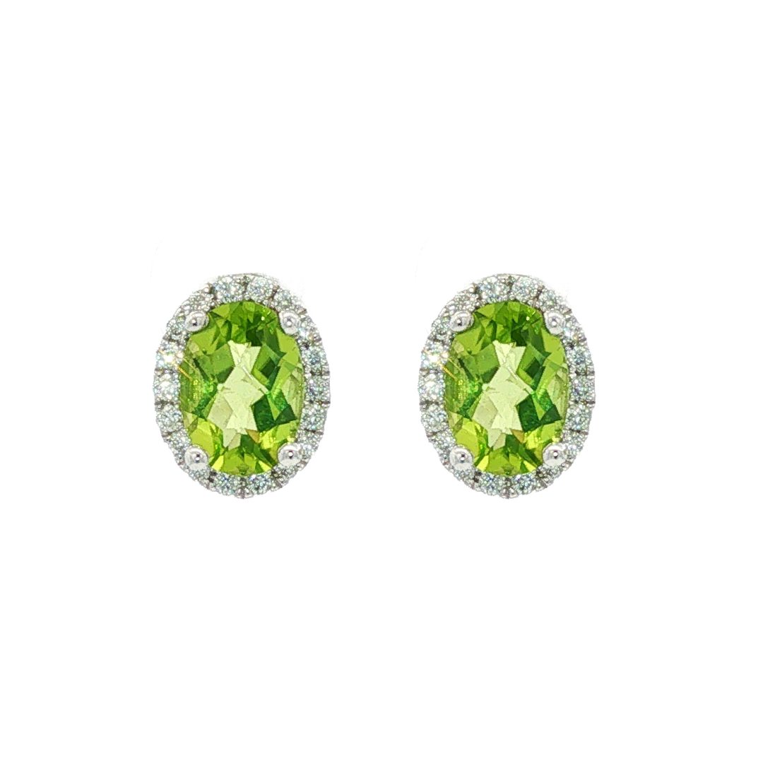 14kt White Gold 1.80 ctw Oval Peridot & 0.16 ctw Round Brilliant Diamond Halo Stud Earrings