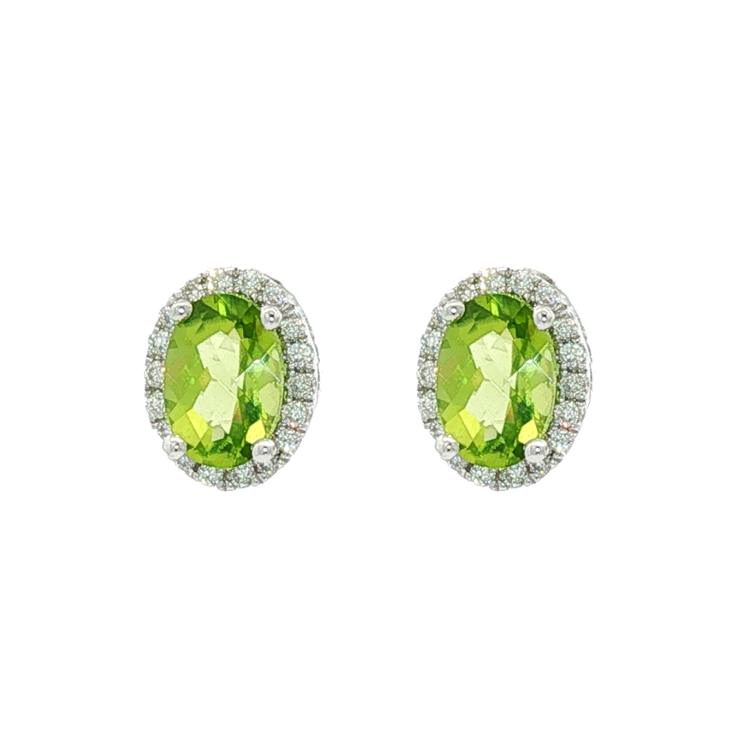 14kt White Gold 1.80 ctw Oval Peridot & 0.16 ctw Round Brilliant Diamond Halo Stud Earrings