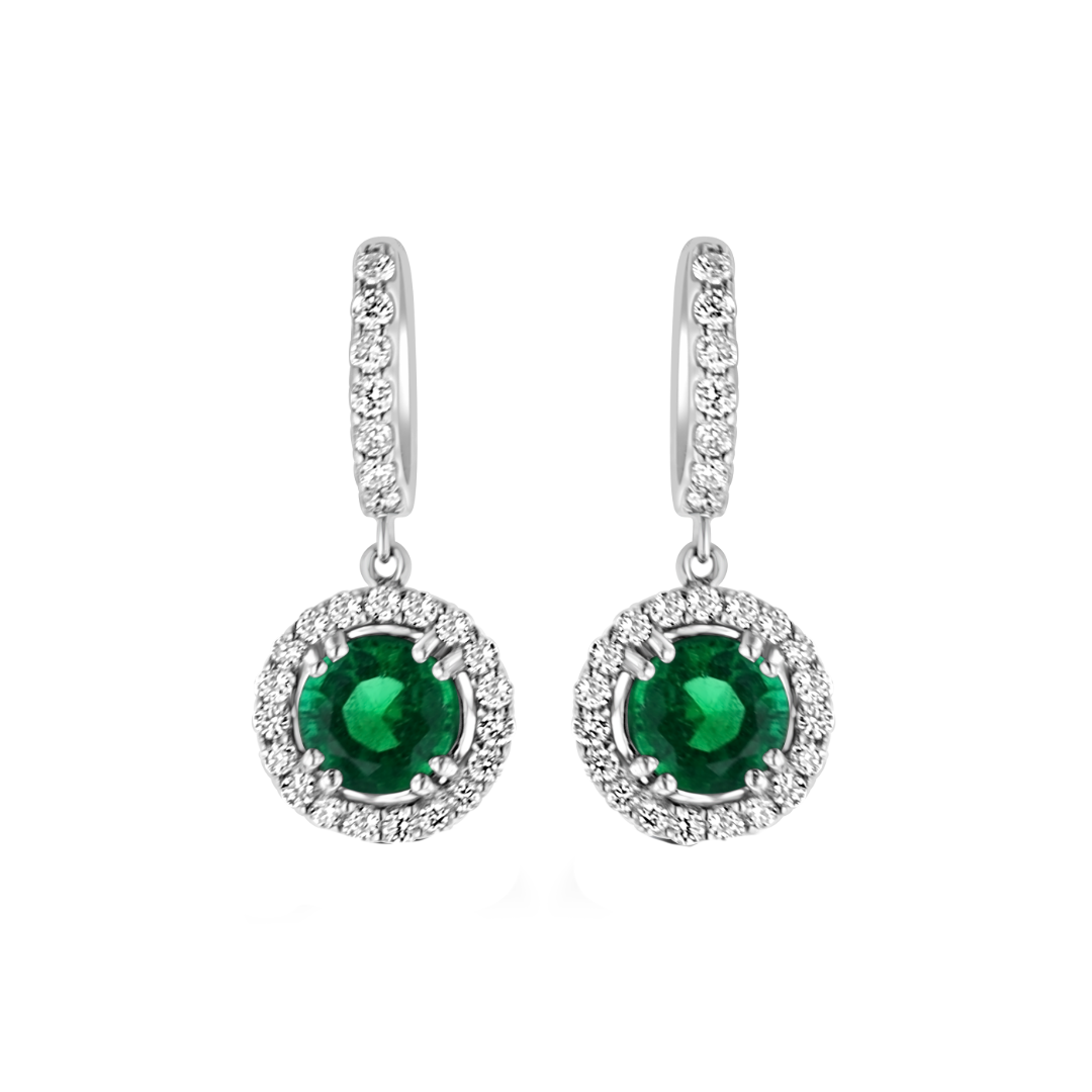 Juleve 18kt White Gold 2.54 ctw Emerald  & .92 ctw Diamond Halo Drop Earrings