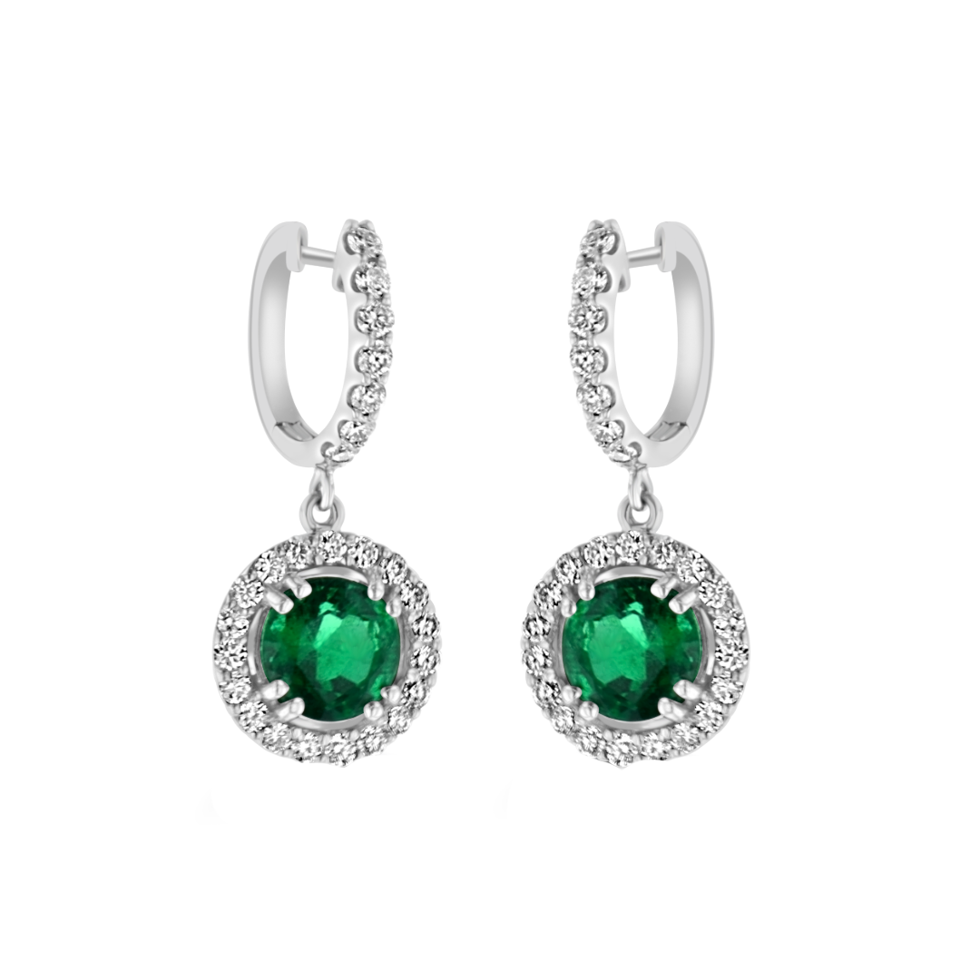 Juleve 18kt White Gold 2.54 ctw Emerald  & .92 ctw Diamond Halo Drop Earrings