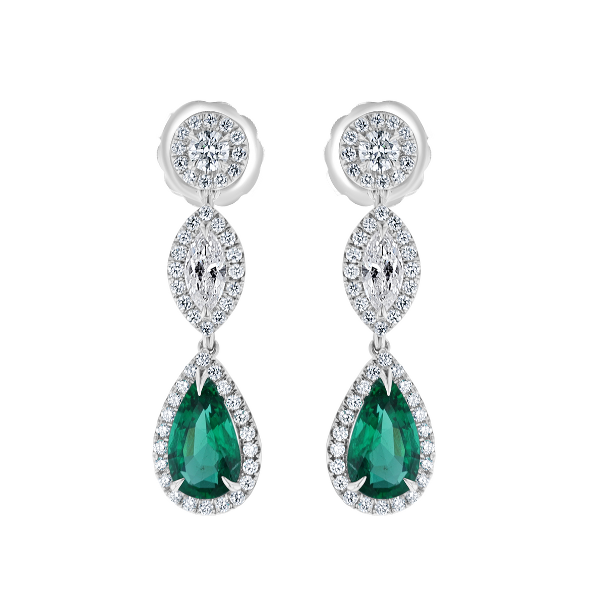 Juleve 18kt White Gold 3.32 ctw Emerald & 1.73 ctw Diamond Halo Drop Earrings