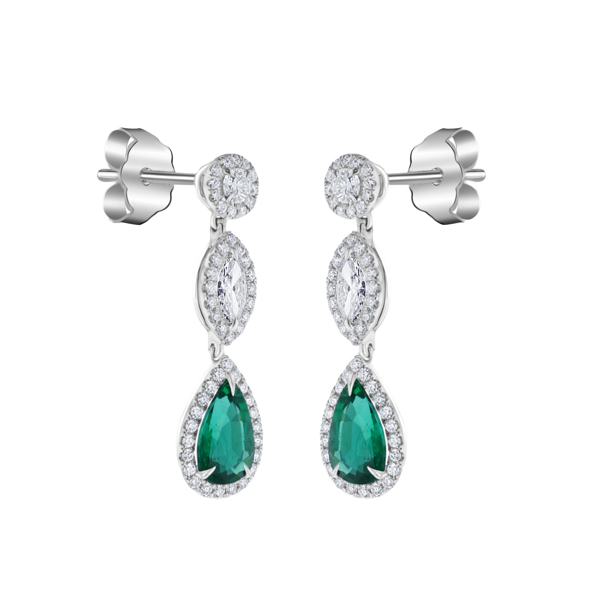 Juleve 18kt White Gold 3.32 ctw Emerald & 1.73 ctw Diamond Halo Drop Earrings