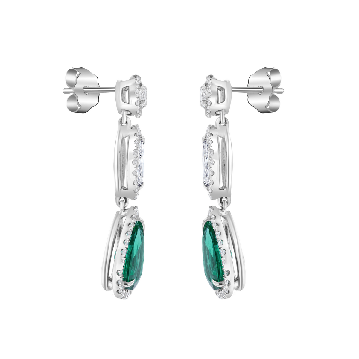 Juleve 18kt White Gold 3.32 ctw Emerald & 1.73 ctw Diamond Halo Drop Earrings