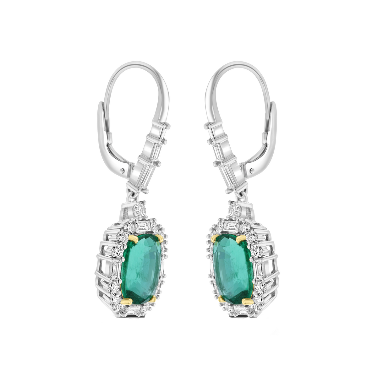 Juleve 18kt White Gold 5.19 ctw Emerald & 1.50 ctw Diamond Halo Drop Earrings