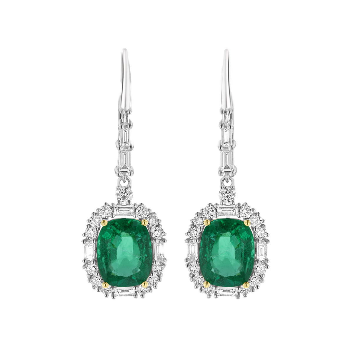 Juleve 18kt White Gold 5.19 ctw Emerald & 1.50 ctw Diamond Halo Drop Earrings