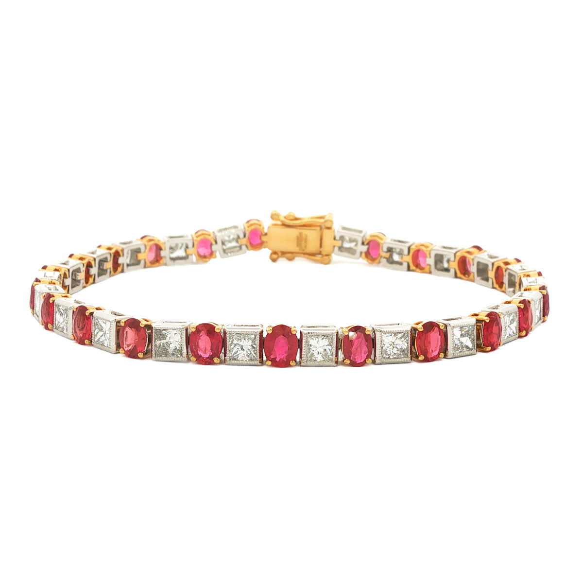 Platinum & 18kt Yellow Gold 5.73 ctw Ruby & 3.83 ctw Princess-Cut Diamond Bracelet 7"