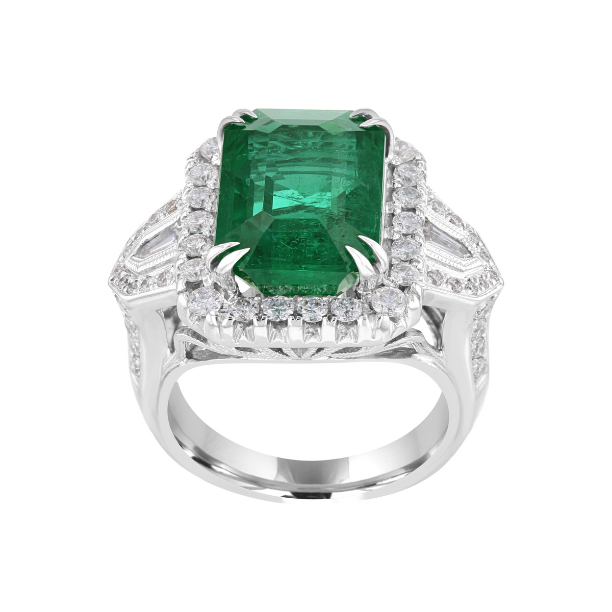 JULEVE 18KT WHITE GOLD 8.14CT EMERALD & 1.20CTW DIAMOND HALO RING