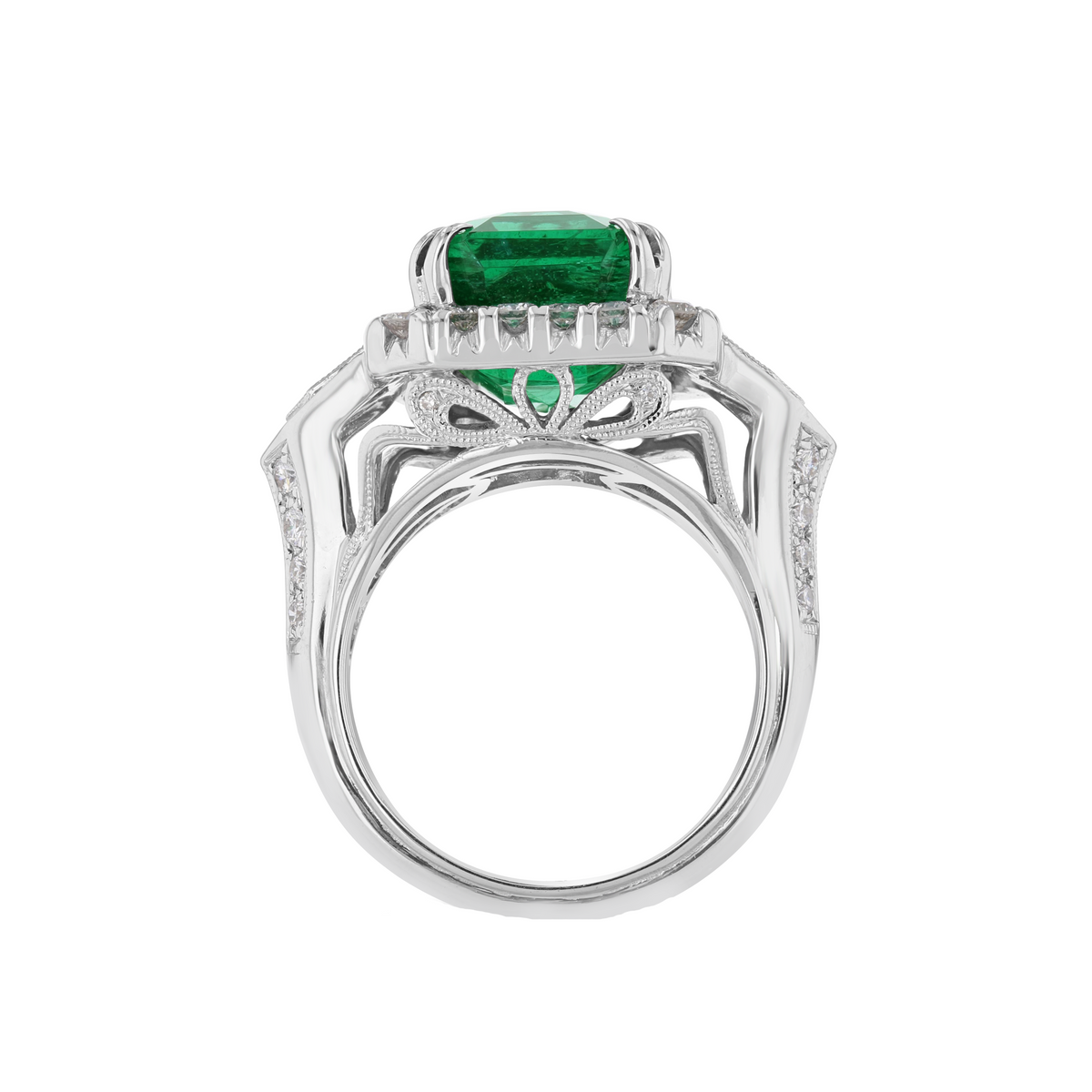 JULEVE 18KT WHITE GOLD 8.14CT EMERALD & 1.20CTW DIAMOND HALO RING