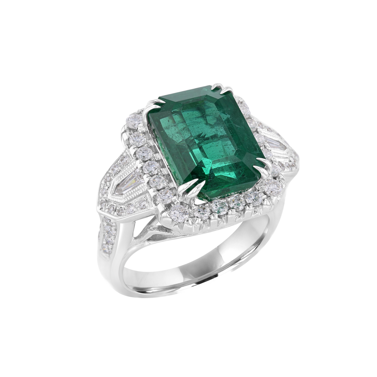 JULEVE 18KT WHITE GOLD 8.14CT EMERALD & 1.20CTW DIAMOND HALO RING