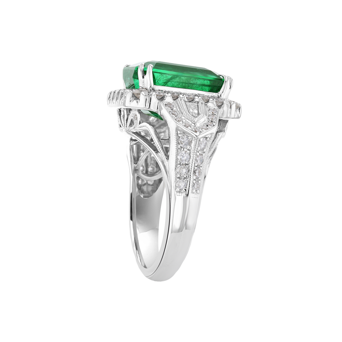 JULEVE 18KT WHITE GOLD 8.14CT EMERALD & 1.20CTW DIAMOND HALO RING
