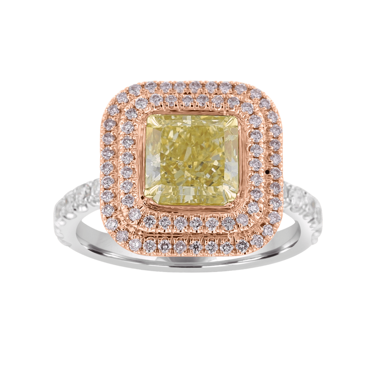 18kt White & Rose Gold  2.75 ctw Greenish Yellow & Pink Diamond Double Halo Ring 5.5,6,6.5,7,7.5
