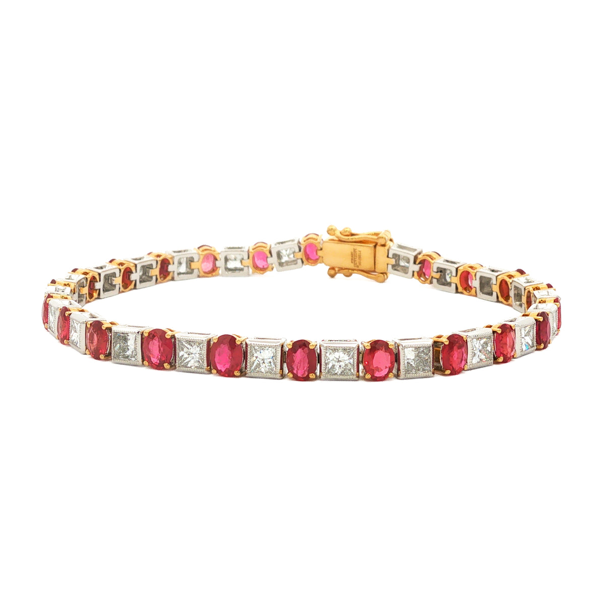 Platinum & 18kt Yellow Gold 5.73 ctw Ruby & 3.83 ctw Princess-Cut Diamond Bracelet 7"