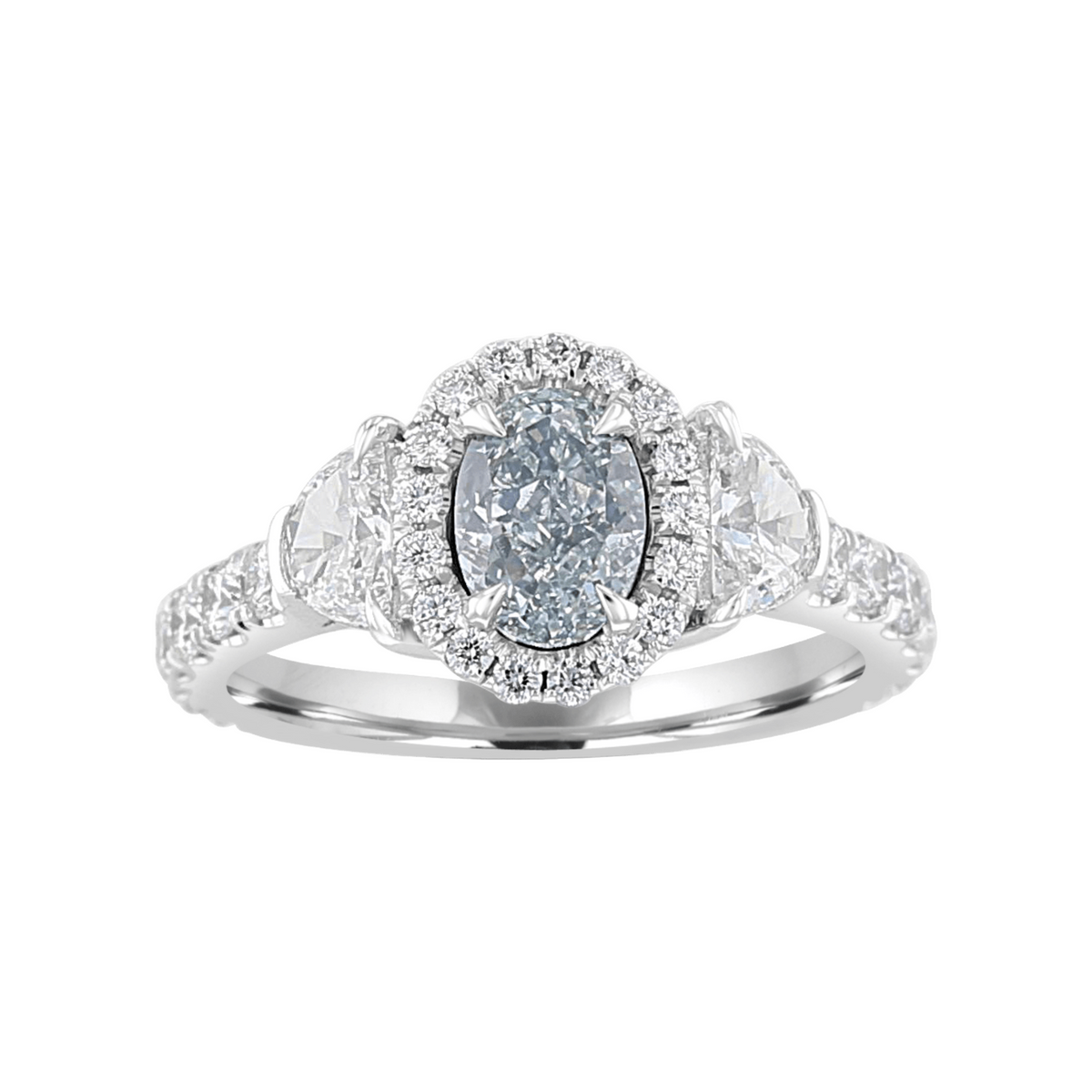 JULEVE PLATINUM 2.12 CTW FANCY BLUE-GREEN DIAMOND 3 STONE HALO RING 4,4.5,5,5.5,6,6.5,7,7.5,8,8.5,9