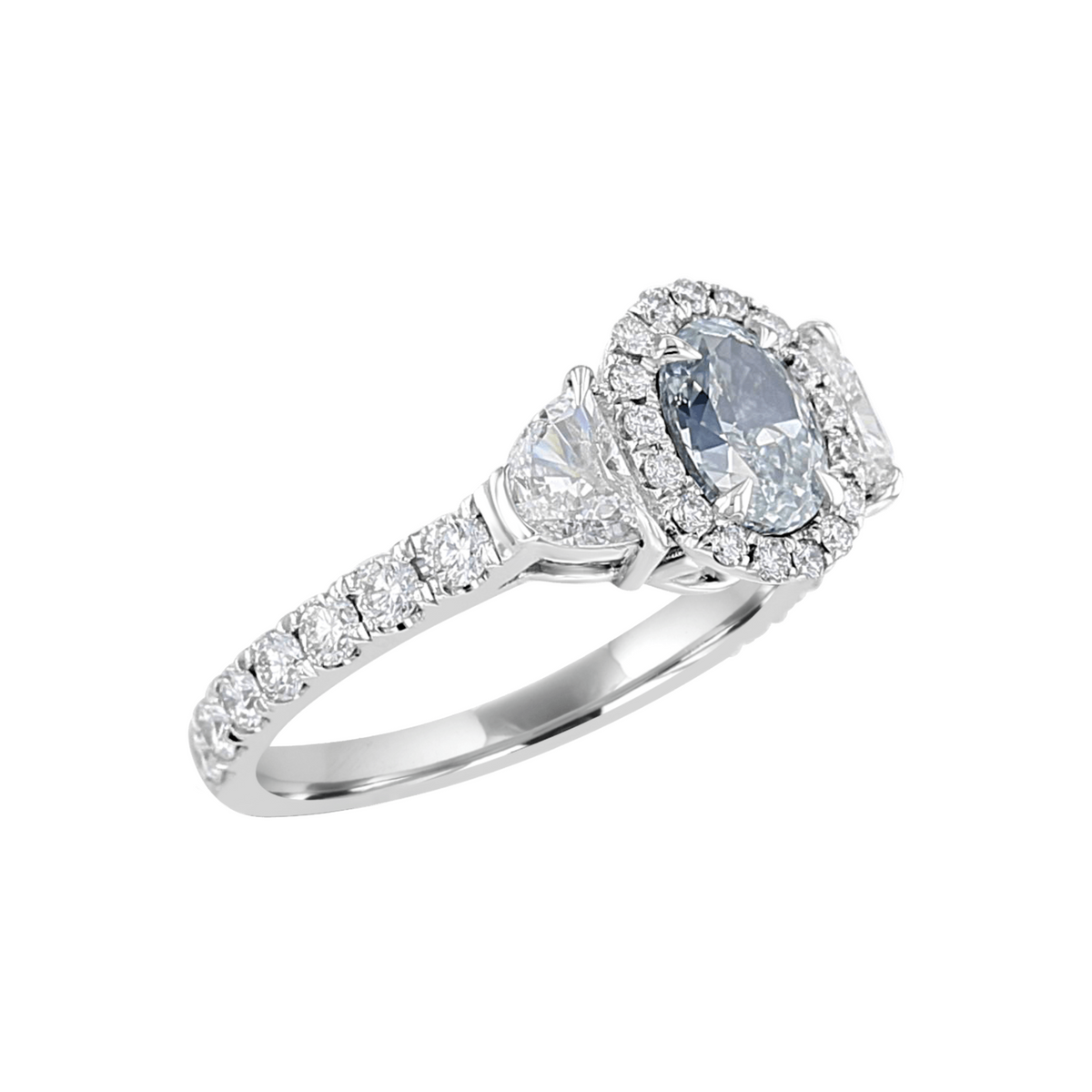 JULEVE PLATINUM 2.12 CTW FANCY BLUE-GREEN DIAMOND 3 STONE HALO RING 4,4.5,5,5.5,6,6.5,7,7.5,8,8.5,9