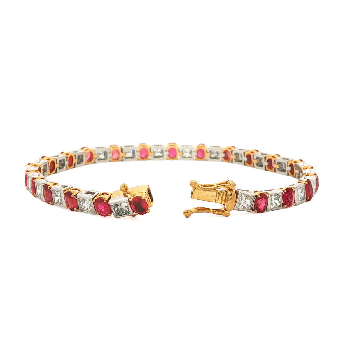 Platinum & 18kt Yellow Gold 5.73 ctw Ruby & 3.83 ctw Princess-Cut Diamond Bracelet 7"