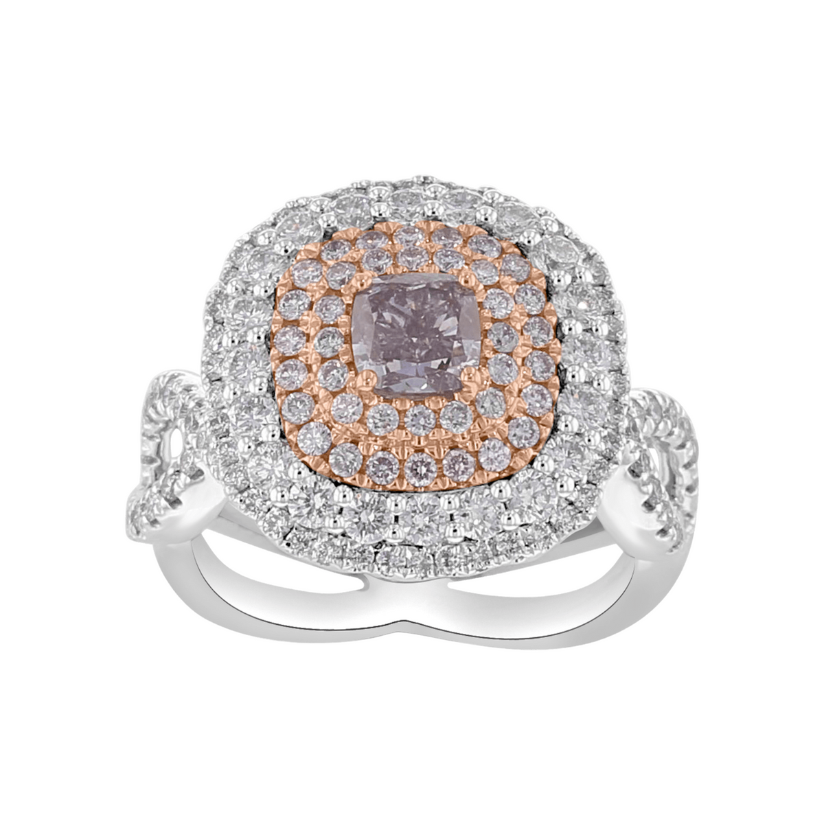 JULEVE PLATINUM & 18KT 2.12 CTW PINK PURPLE DIAMOND QUADRUPLE HALO RING Size 6.6 6.5