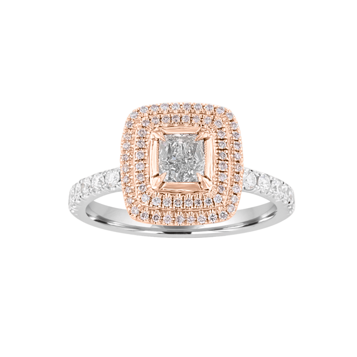 18kt Two-Tone Gold .96 ctw Light Green, Pink, Near Colorless Double Halo Ring