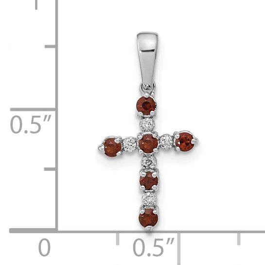 14KT WHITE GOLD GARNET AND DIAMOND PETITE CROSS PENDANT