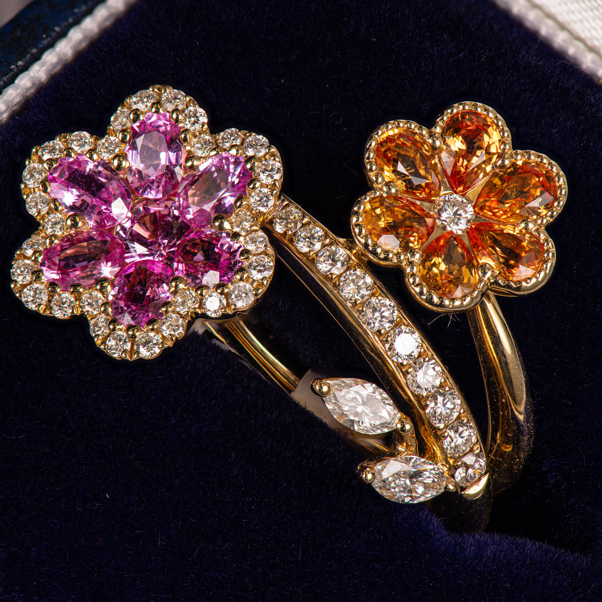 JULEVE 14KT YELLOW GOLD 2.32CT COLORED SAPPHIRE & 0.68CTW DIAMOND FLOWER RING 6.75