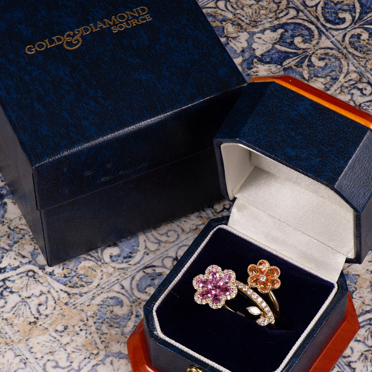 JULEVE 14KT YELLOW GOLD 2.32CT COLORED SAPPHIRE & 0.68CTW DIAMOND FLOWER RING 6.75