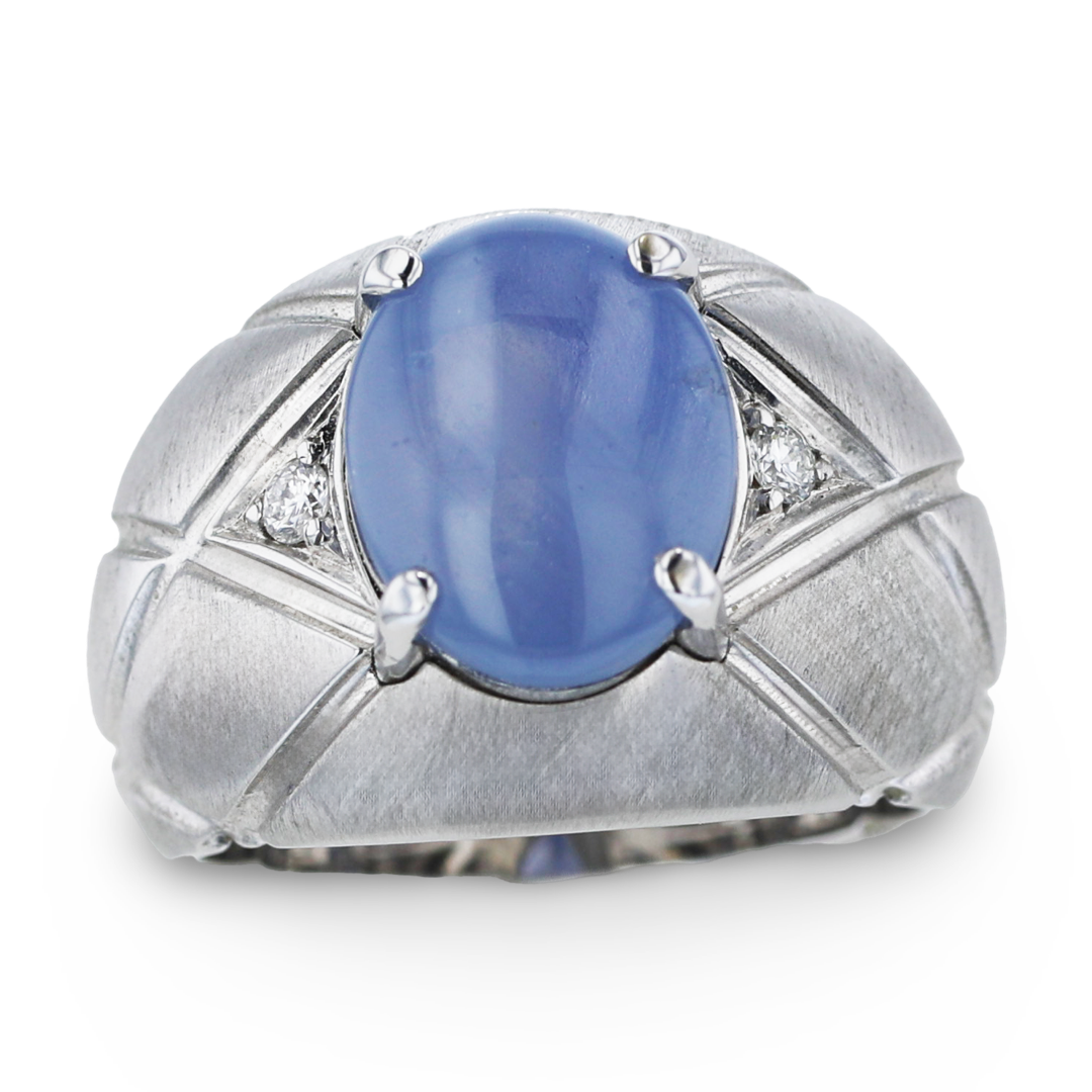 Men`s 18kt White Gold 9.29 ct Blue Star Sapphire and .10 ctw Diamond Ring 9.5,9,10