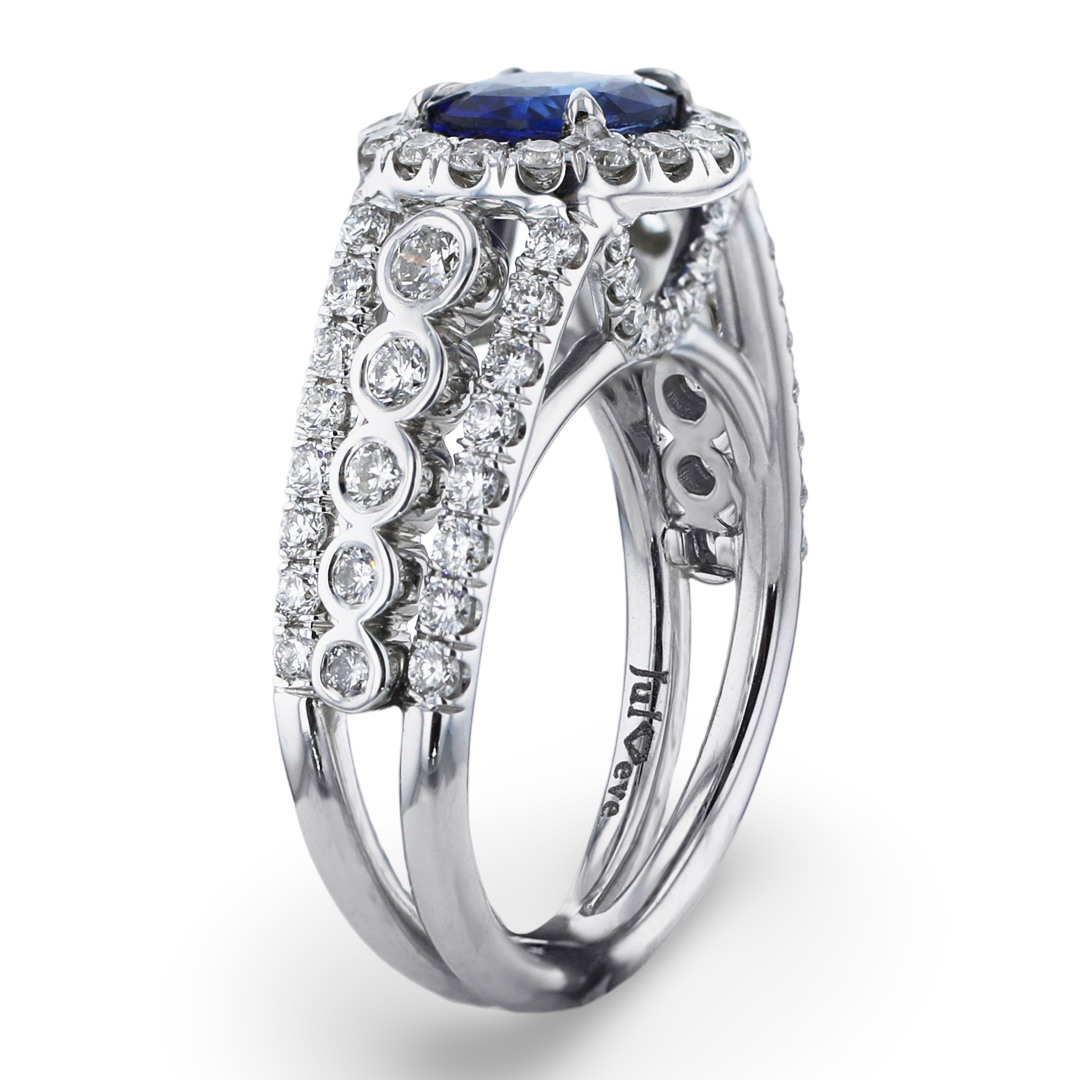 JULEVE 18KT WHITE GOLD 1.60CT SAPPHIRE & 1.22CTW DIAMOND HALO RING 4,4.5,5,5.5,6,6.5,7,7.5,8,8.5,9