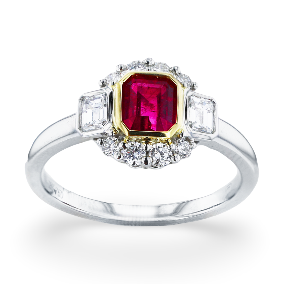 JULEVE PLATINUM & GOLD 0.44CT RED EMERALD & 0.46CTW DIAMOND 3-STONE RING 5.5,6,6.5,7,7.5