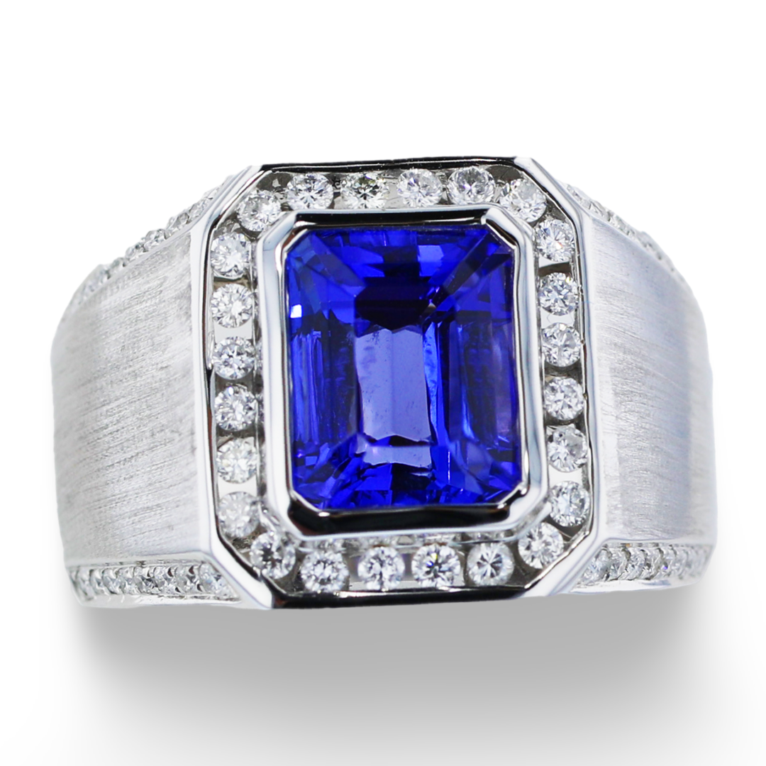 Mens 14kt White Gold 3.75 ct Tanzanite and .57 ctw Diamond Halo Ring
