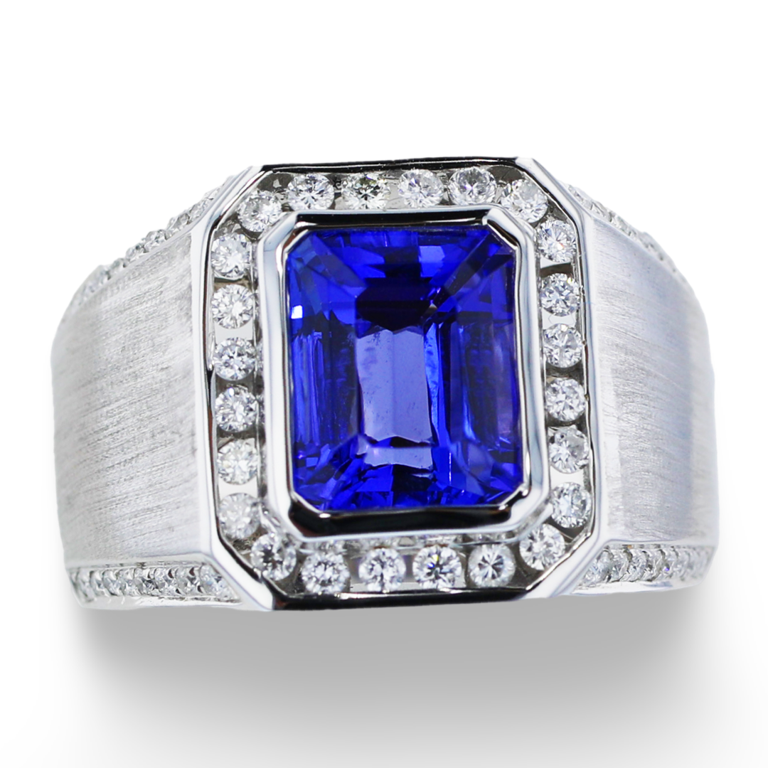 MEN'S 14KT WHITE GOLD 3.75CT TANZANITE & 0.57CTW DIAMOND HALO RING 8,8.5,9,9.5,10,10.5,11,11.5,12,12.5,13