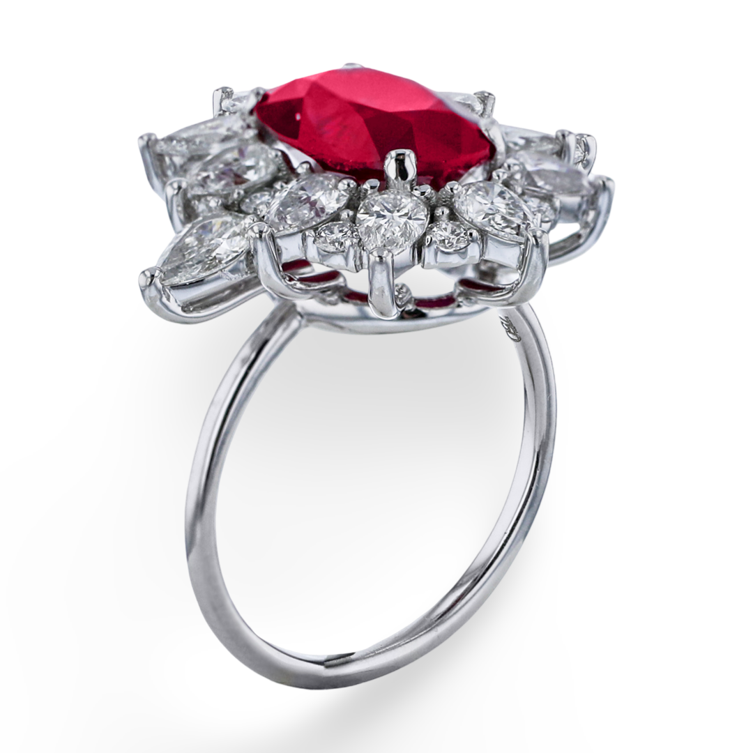 18KT WHITE GOLD 4.09CT GIA RUBY & 2.04CT DIAMOND HALO RING 9,8.5,8,7.5,7,6.5,6,5.5,5,4.5,4