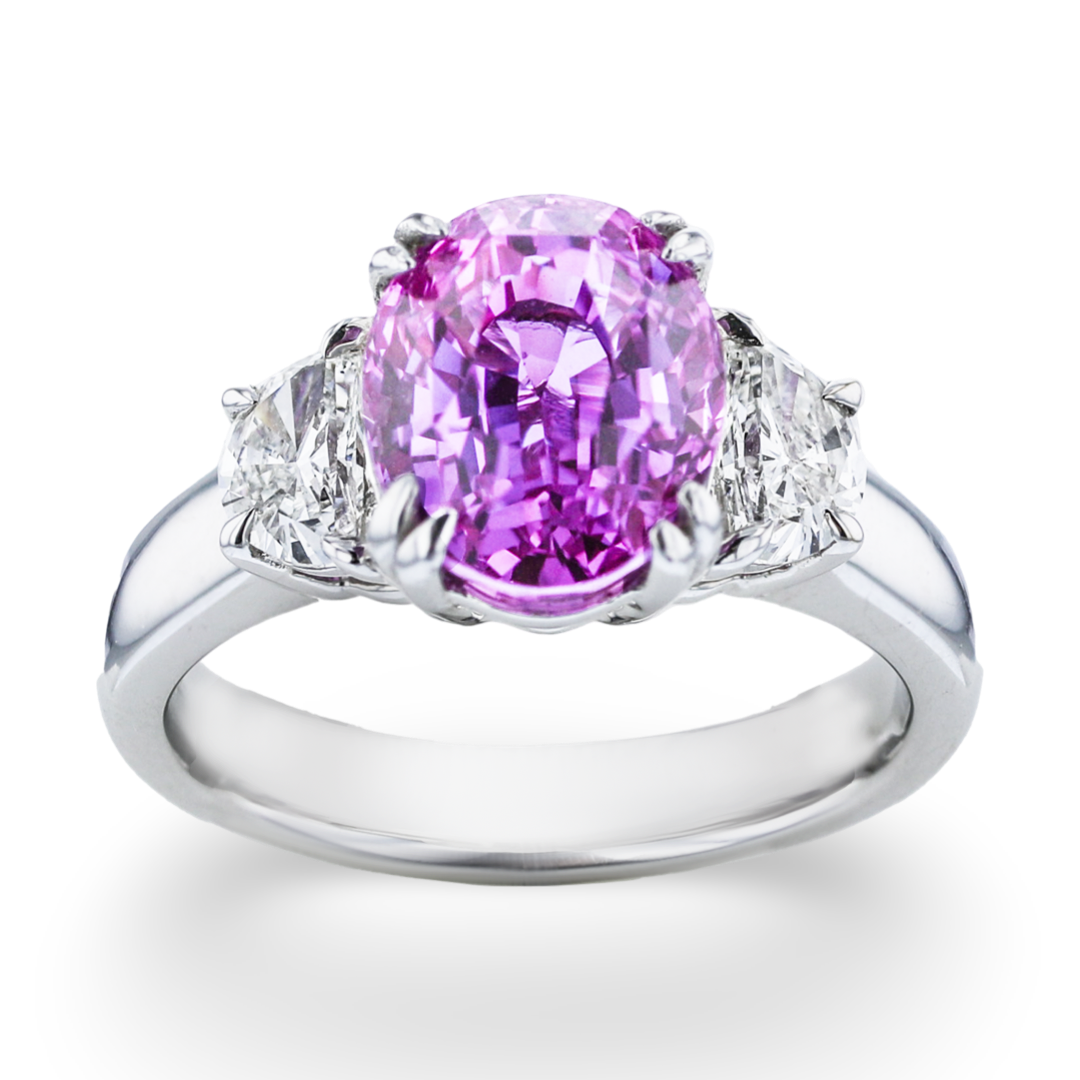 JULEVE 18KT WHITE GOLD 4.62CT PURPLE-PINK SAPPHIRE & 0.65CTW DIAMOND 3 STONE RING