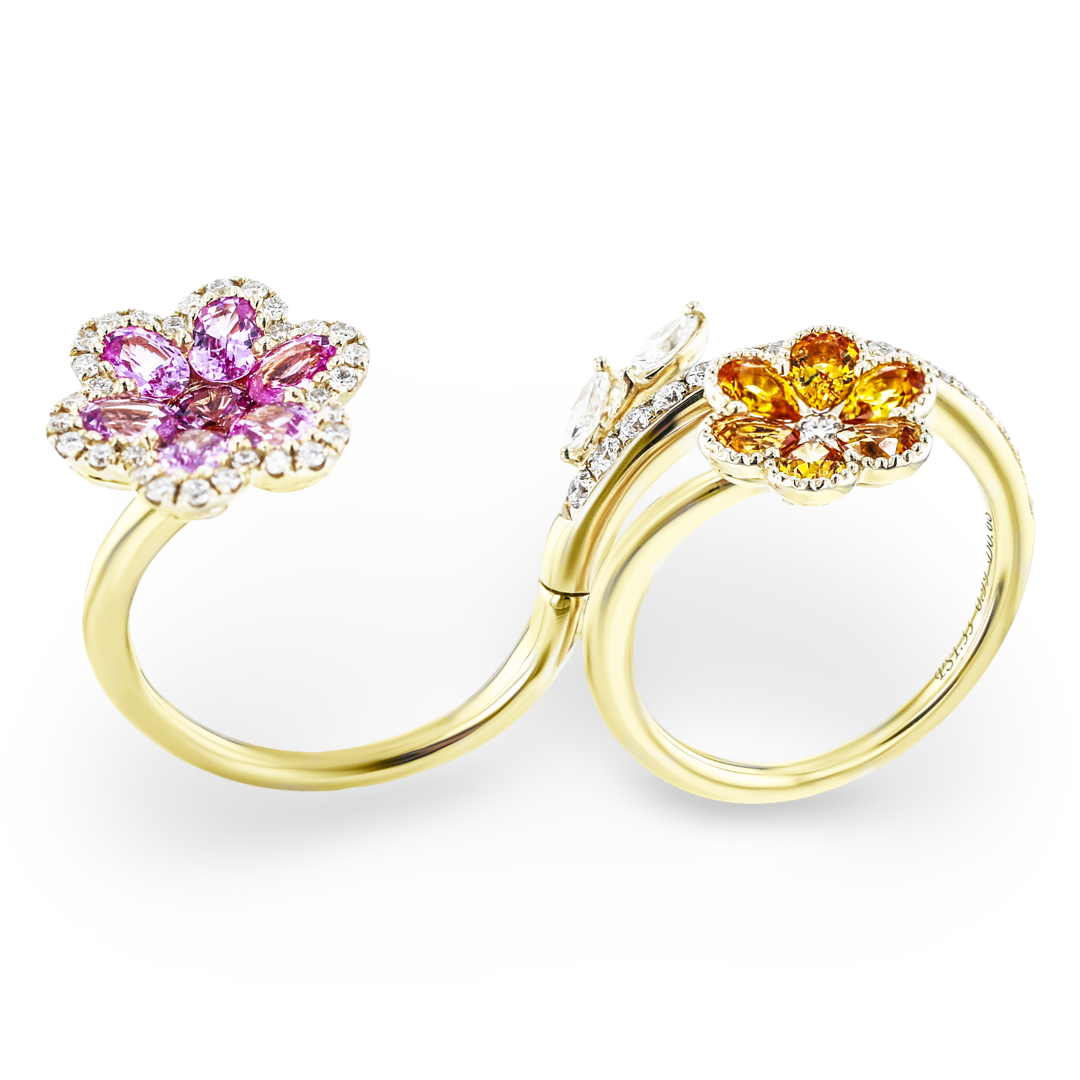 JULEVE 14KT YELLOW GOLD 2.32CT COLORED SAPPHIRE & 0.68CTW DIAMOND FLOWER RING 4,4.5,5,5.5,6,6.5,7,7.5,8,8.5,9