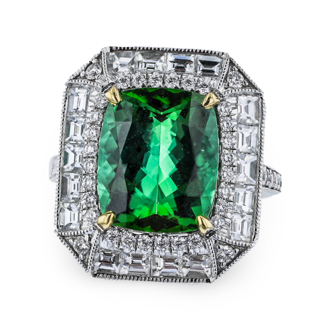 JULEVE 18KT WHITE GOLD 4.98CT TOURMALINE & 1.51CTW DIAMOND HALO RING 4,4.5,5,5.5,6,6.5,7,7.5,8,8.5,9