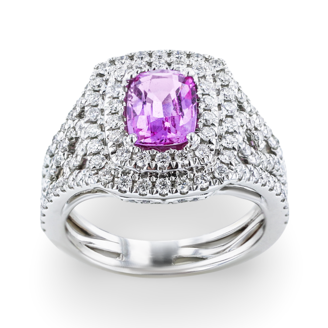 JULEVE 18KT WHITE GOLD 1.25CT PINK SAPPHIRE & 0.96CTW DIAMOND RING 4,4.5,5,5.5,6,6.5,7,7.5,8,8.5,9