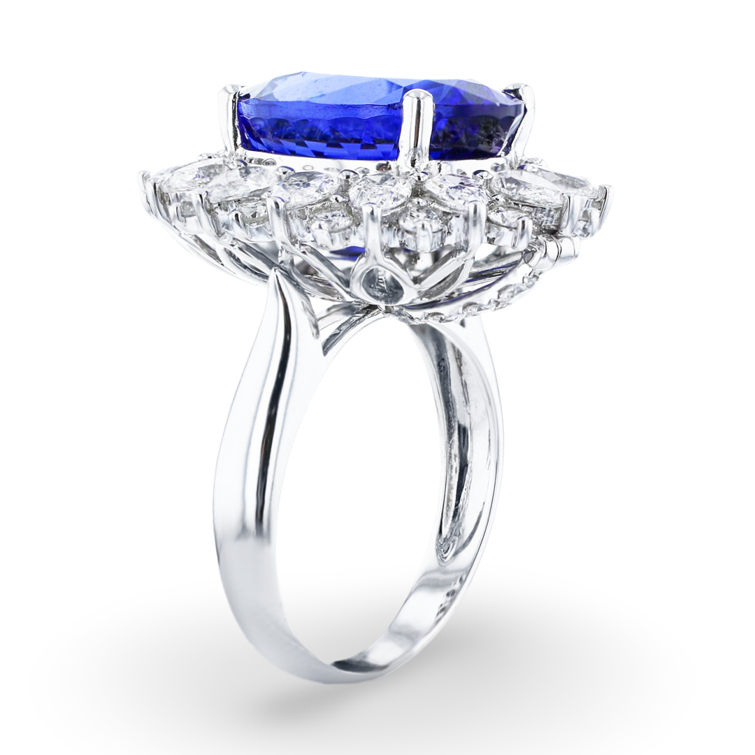 JULEVE 14KT WHITE GOLD 9.44CT TANZANITE & 2.88CTW DIAMOND HALO RING 4,4.5,5,5.5,6,6.5,7,7.5,8,8.5,9