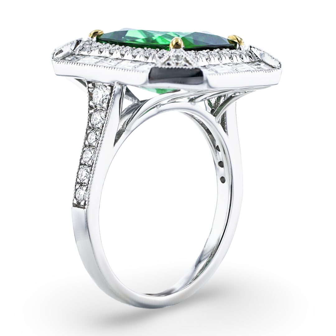 JULEVE 18KT WHITE GOLD 4.98CT TOURMALINE & 1.51CTW DIAMOND HALO RING 4,4.5,5,5.5,6,6.5,7,7.5,8,8.5,9