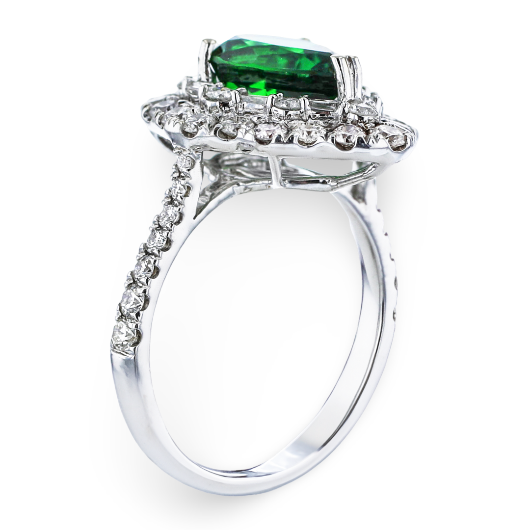 JULEVE 14KT WHITE GOLD 2.62CT TSAVORITE & 1.21CTW SCALLOPED DIAMOND HALO RING 4,4.5,5,5.5,6,6.5,7,7.5,8,8.5,9