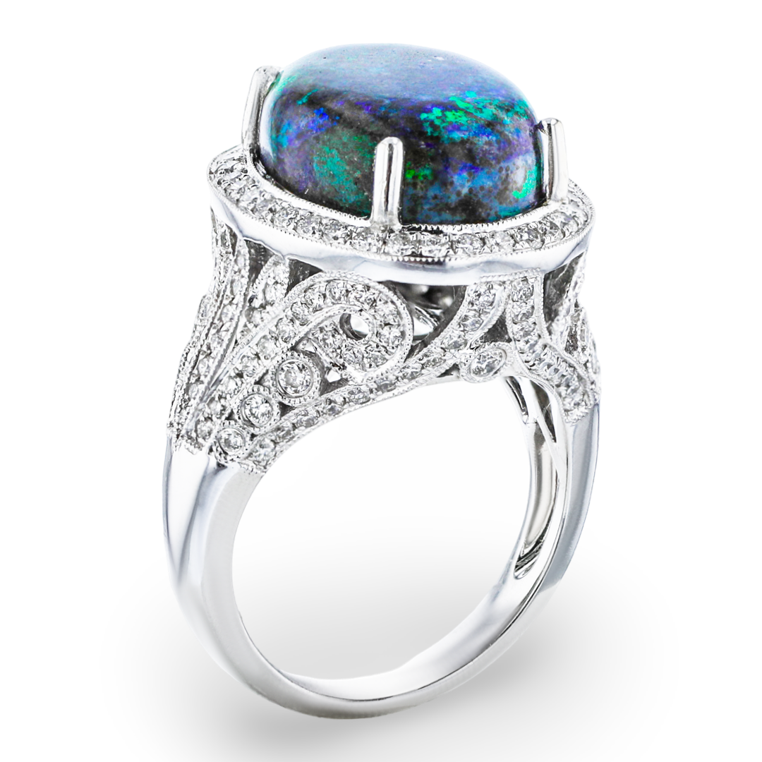 JULEVE 14KT WHITE GOLD 7.56CT BLACK OPAL & 1.15CTW DIAMOND HALO RING 4,4.5,5,5.5,6,6.5,7,7.5,8,8.5,9