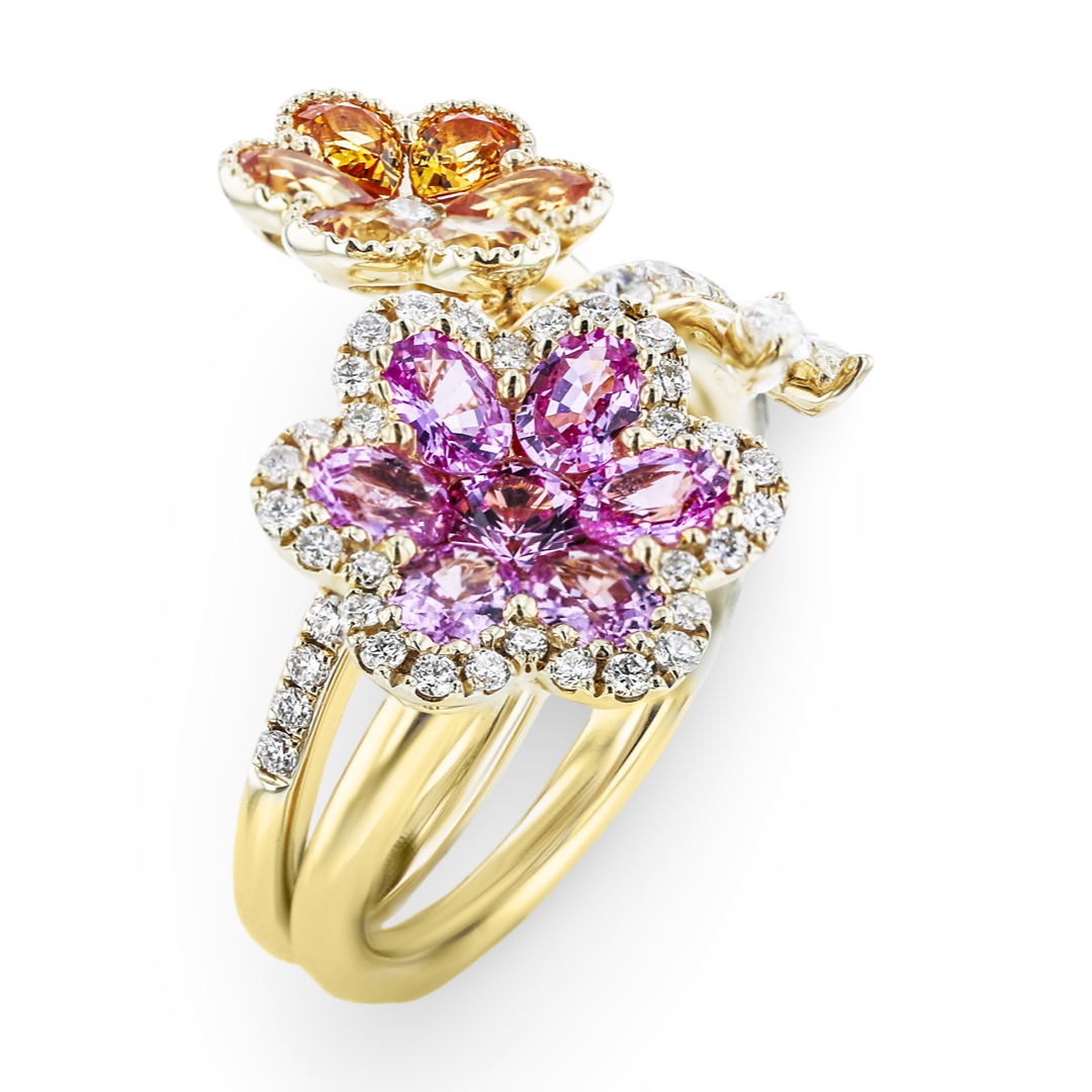 JULEVE 14KT YELLOW GOLD 2.32CT COLORED SAPPHIRE & 0.68CTW DIAMOND FLOWER RING 4,4.5,5,5.5,6,6.5,7,7.5,8,8.5,9