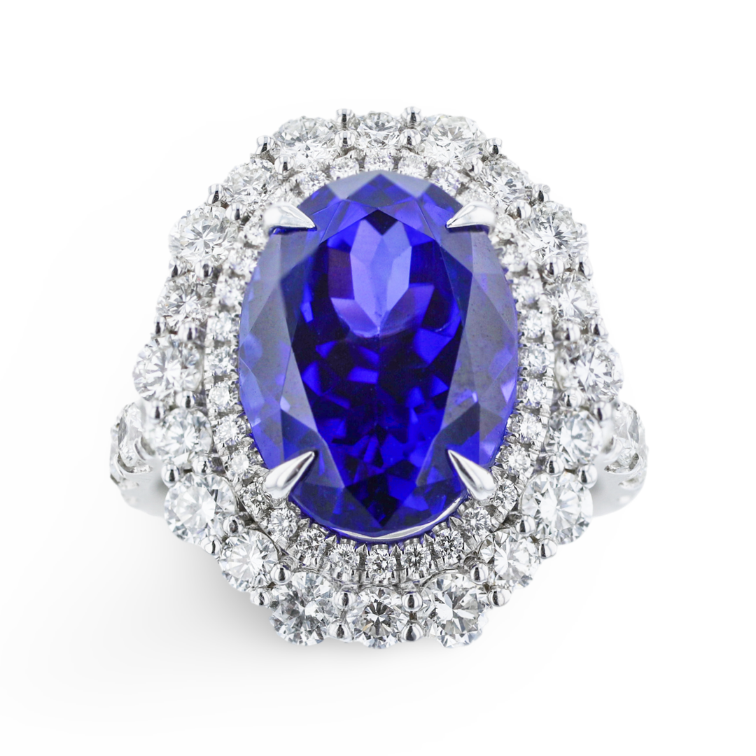 JULEVE 18KT WHITE GOLD 8.79CT TANZANITE & 2.15 CTW DIAMOND HALO RING 4,4.5,5,5.5,6,6.5,7,7.5,8,8.5,9