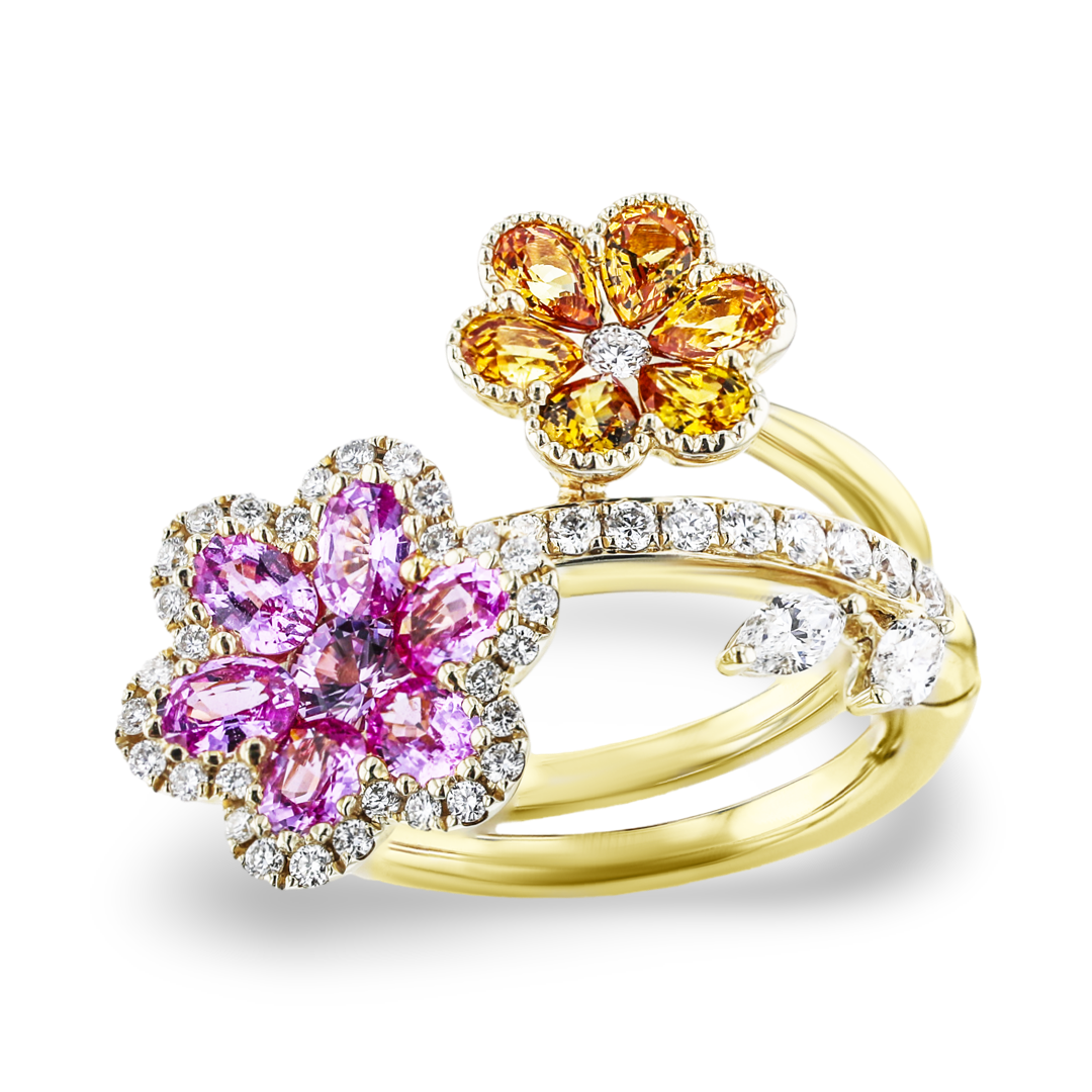 Juleve 14kt Yellow Gold 2.32 ct Colored Sapphire & .68 ctw Diamond Flower Ring 6.75