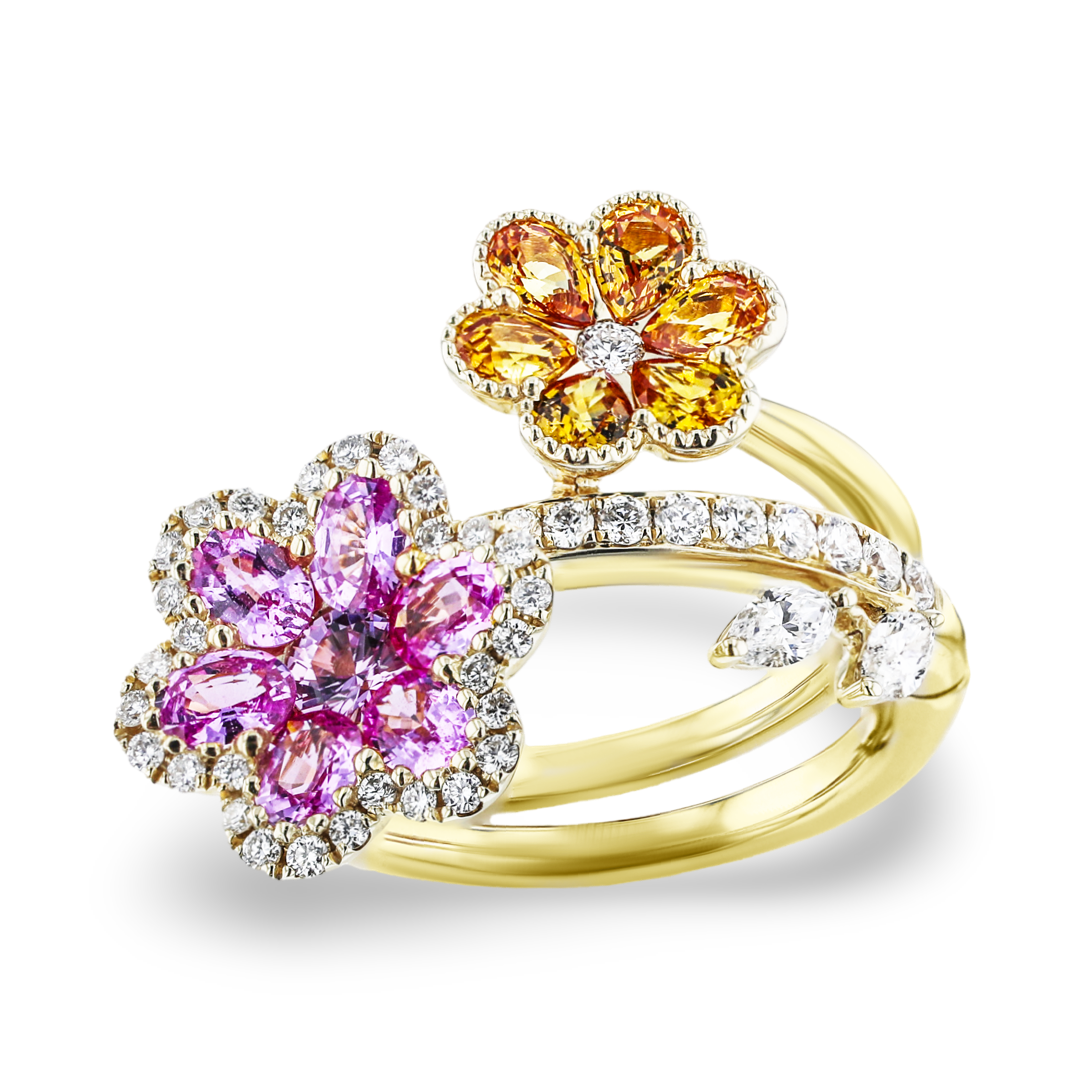 JULEVE 14KT YELLOW GOLD 2.32CT COLORED SAPPHIRE & 0.68CTW DIAMOND FLOWER RING 4,4.5,5,5.5,6,6.5,7,7.5,8,8.5,9