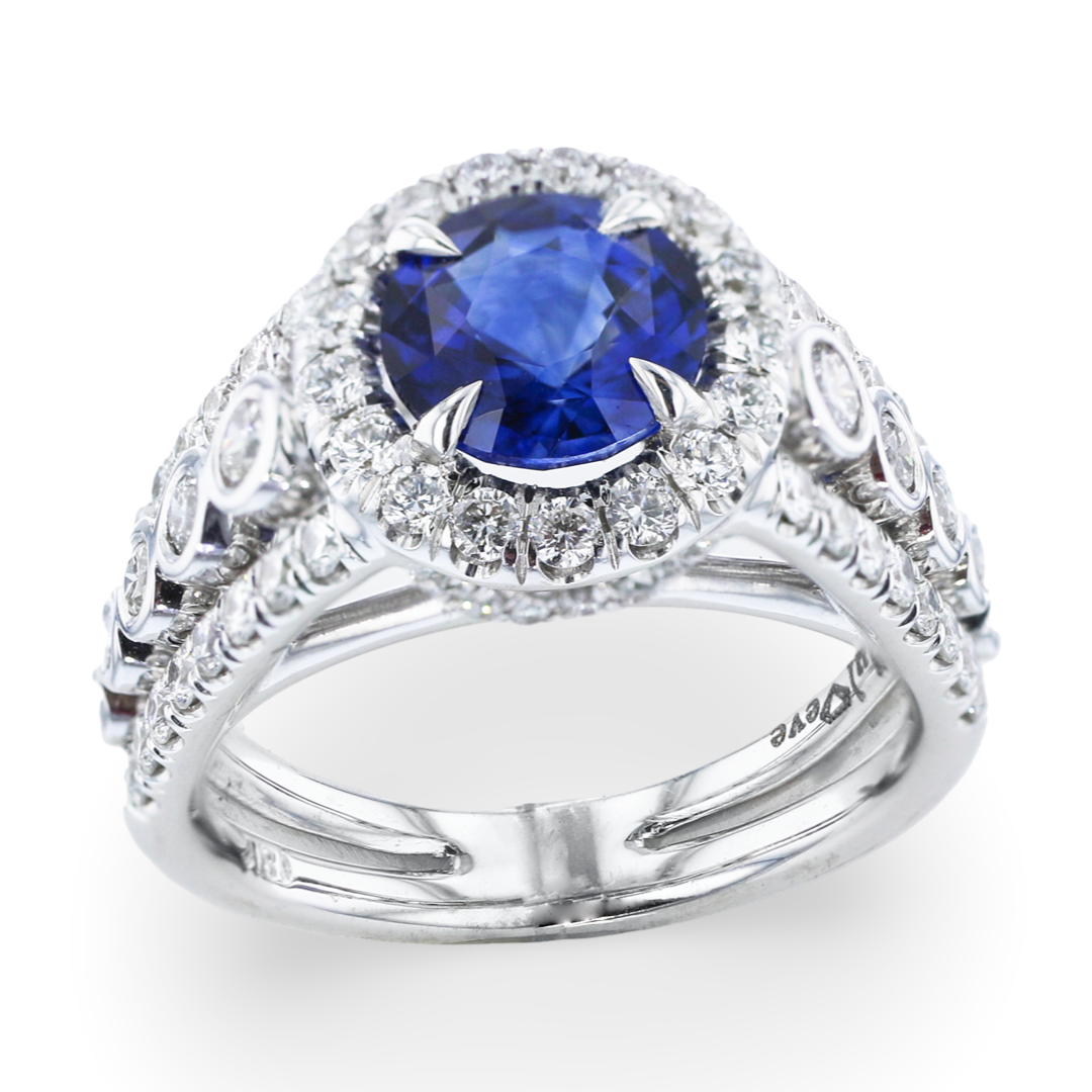 JULEVE 18KT WHITE GOLD 1.60CT SAPPHIRE & 1.22CTW DIAMOND HALO RING 4,4.5,5,5.5,6,6.5,7,7.5,8,8.5,9