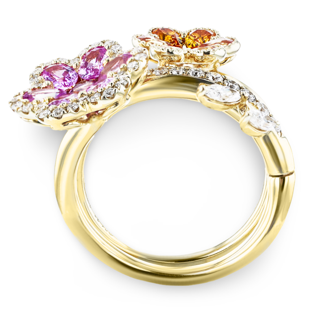 JULEVE 14KT YELLOW GOLD 2.32CT COLORED SAPPHIRE & 0.68CTW DIAMOND FLOWER RING 4,4.5,5,5.5,6,6.5,7,7.5,8,8.5,9