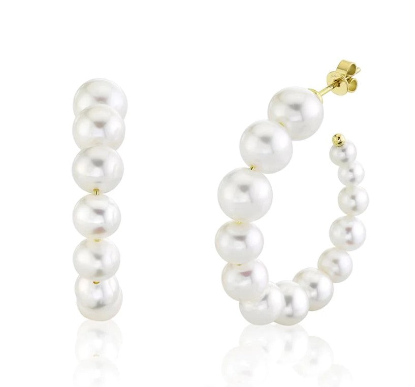 EMILIQUE 14KT YELLOW GOLD GRADUATED CULTURED PEARL HOOP EARRINGS