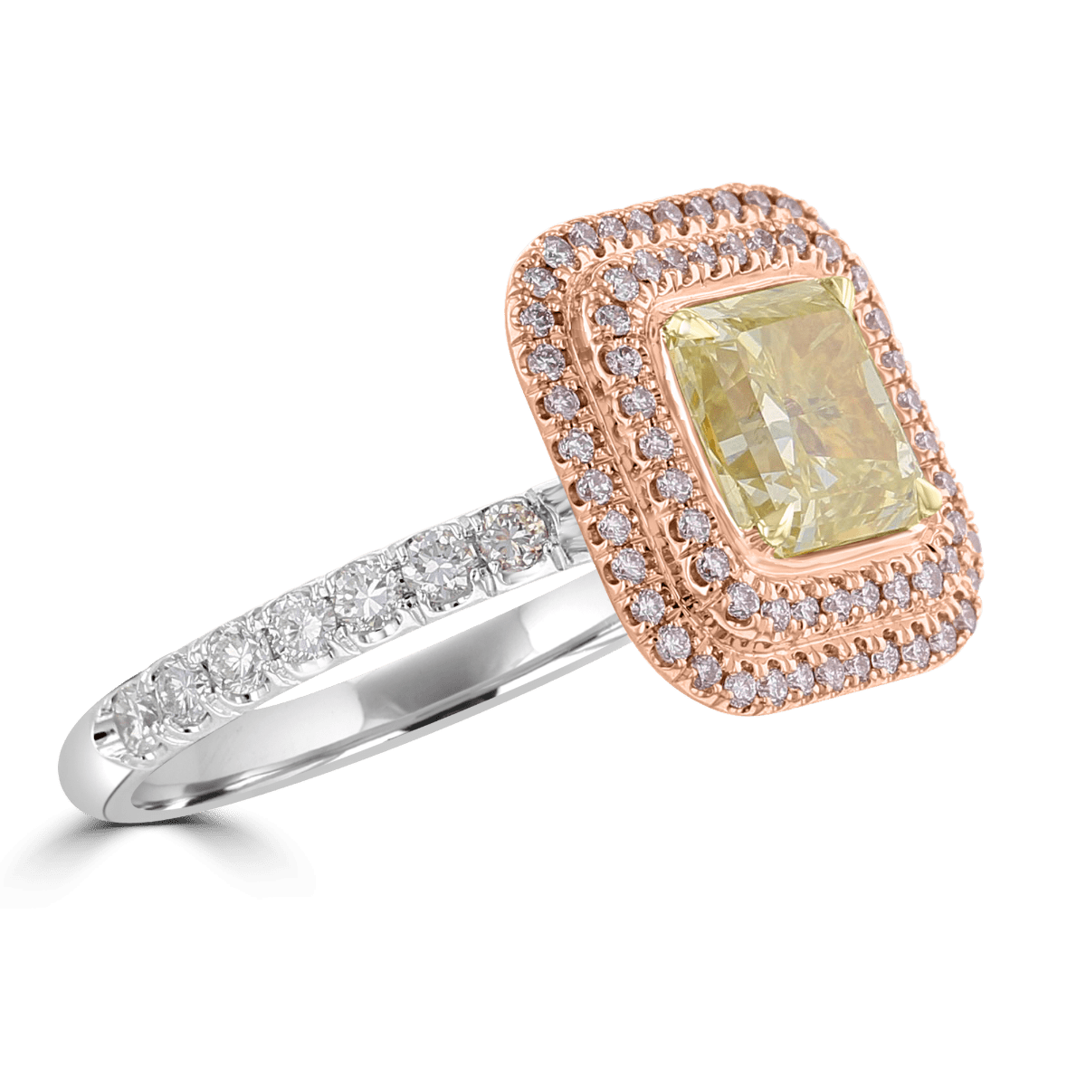 18KT TWO-TONE GOLD 2.75 CTW GREENISH YELLOW & PINK DIAMOND DOUBLE HALO RING 4,4.5,5,5.5,6,6.5,7,7.5,8,8.5,9