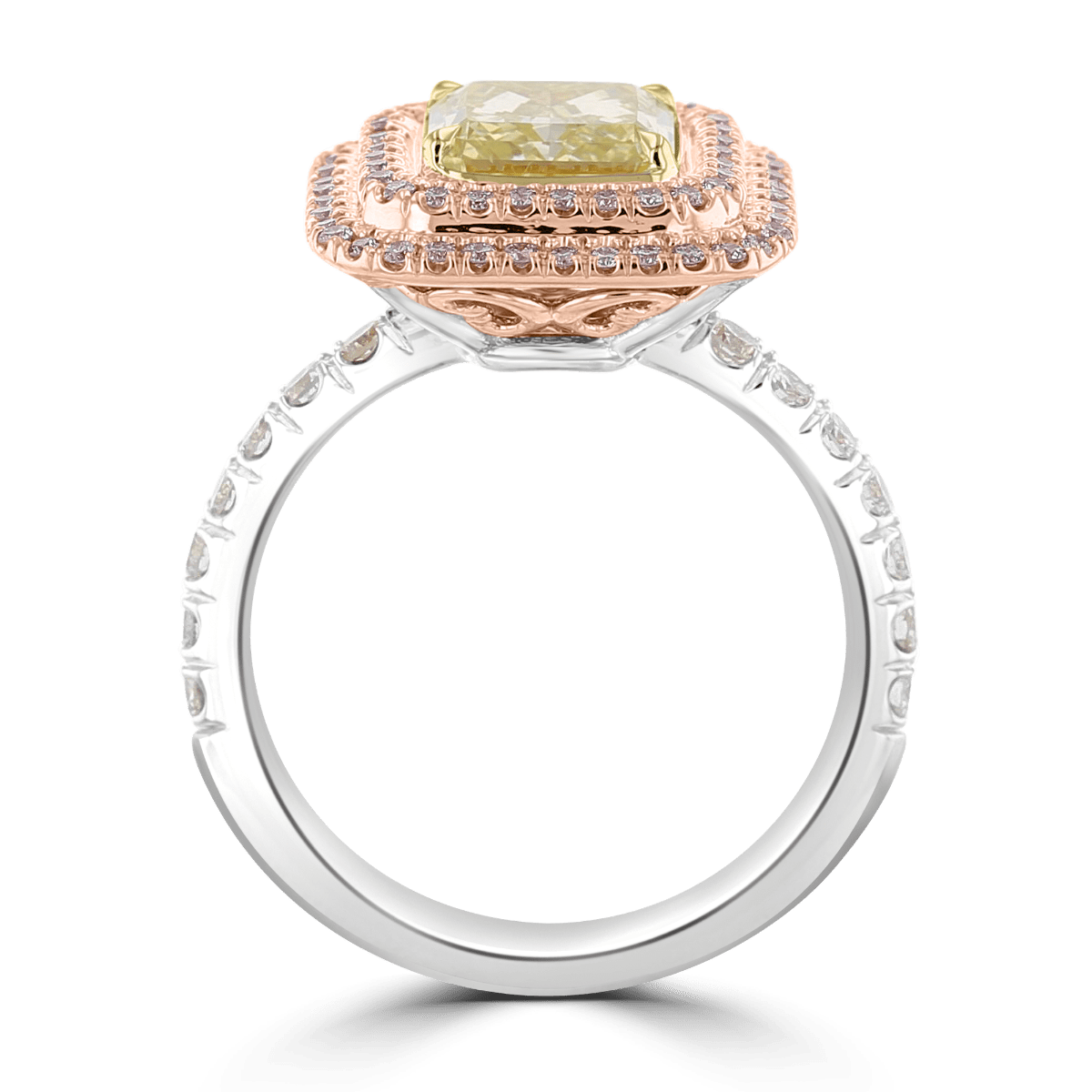 18KT TWO-TONE GOLD 2.75 CTW GREENISH YELLOW & PINK DIAMOND DOUBLE HALO RING 4,4.5,5,5.5,6,6.5,7,7.5,8,8.5,9
