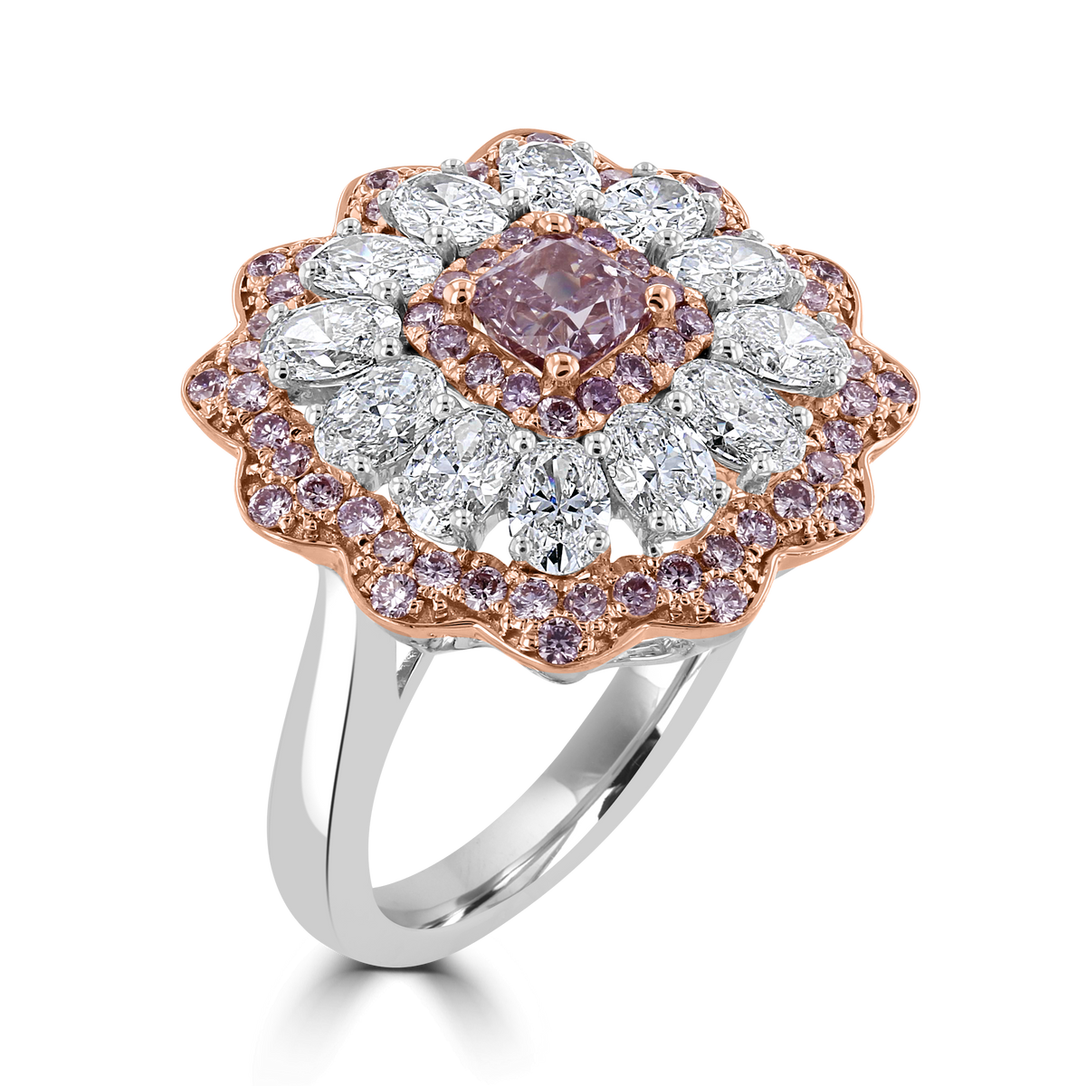 JULEVE 3.55 CARAT TOTAL WEIGHT FANCY PURPLE PINK CENTER WITH WHITE & PINK DIAMOND HALO RING